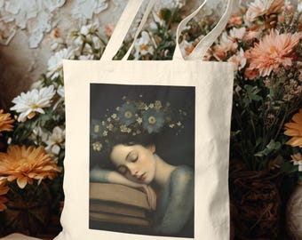 Book Lover Cotton Canvas Tote Bag, Vintage Library Art
