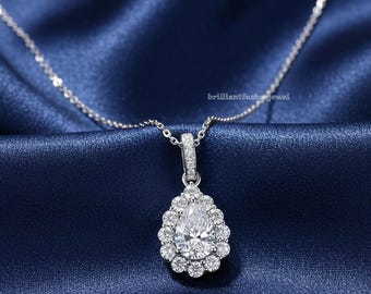 Pear Cut Moissanite Halo Pendant Necklace | Teardrop Moissanite Necklace | 925 Silver Bridal Jewelry | Gift for Her Anniversary