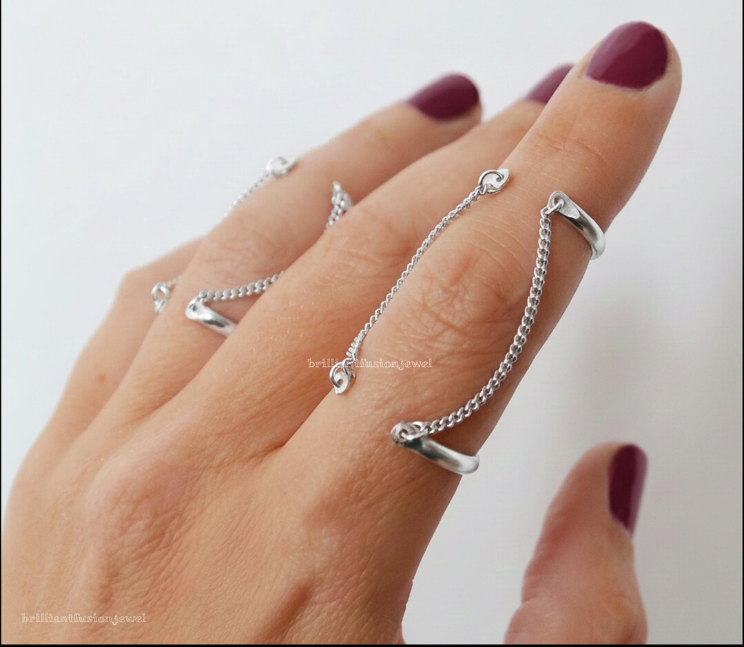 Open Cuff Double Chain Ring, Sterling Silver Connected Knuckle Ring ...