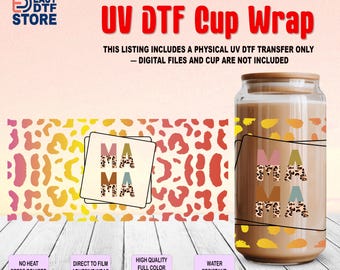 Mama Uv Dtf Cup Wrap, Mother’s Day Gift, Leopard Print Glass Tumbler Decal