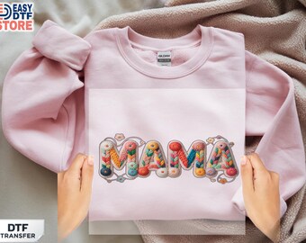 Mother’s Day Dtf Transfer, Faux Yarn Mama Embroidered Style, Ready To Press Heat Transfer
