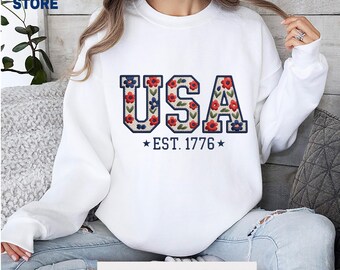 4th of July Floral USA 1776 DTF Transfer, Patriotic Embroidery Style Heat Transfer