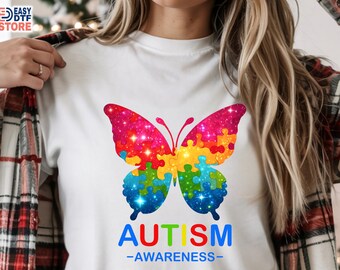 Autism Awareness, Dtf Transfer, Puzzle Colorful Butterfly Design, Ready To Press Shirt Print