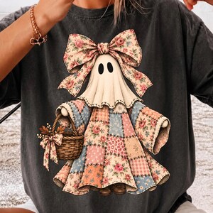Patchwork Ghost PNG , Pumpkin Patch  Halloween  png,Preppy Ghost Coquette Bow Png, Rustic Farmhouse Fall Sublimation Design,Preppy Halloween