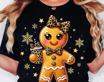 Cute Gingerbread Girl PNG,Funny Christmas Sublimation Design,Girly Christmas Leopard pajama,Coquette Bow (Digital Download)