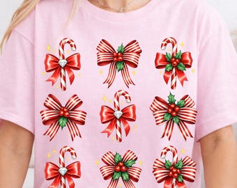 Christmas Bow PNG, Festive Holiday Shirt PNG, Candy Cane Xmas Design, Holly Coquette Bow Png (Digital Download)
