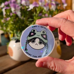 May include: A circular sticker with a pale purple backdrop showcases a cartoon cat in a frog hat. The sticker has the text "AND I SAID... WHAT THE HEL" in white. Iridescent stars are scattered around the design.