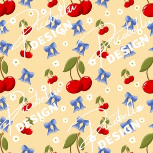 Könnte beinhalten: Ein sich wiederholendes Muster auf hellgelbem Hintergrund mit leuchtend roten Kirschen mit grünen Blättern, kleinen weißen Blüten und hellblauen Schleifen. Der Text Picobella DESIGN ist in Weiß über die grafischen Elemente gelegt.