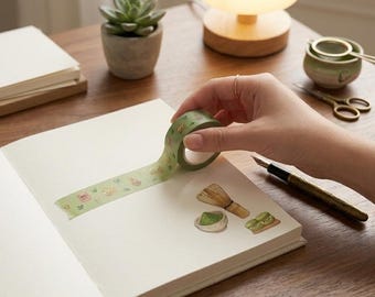 Matcha Washi Tape Green Tea Japanese Aesthetic Masking Tape Cute Kawaii Planner Tape Bullet Journal Scrapbook Supplies