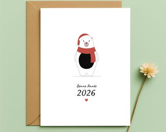 Carte Bonne Année 2027 – Ourson d’Hiver Mignon – Illustration Minimaliste