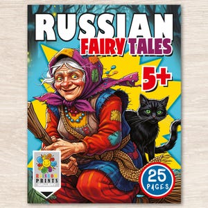 Puede incluir: Portada de libro infantil "Cuentos de hadas rusos" con una ilustración de una anciana con una escoba y un gato negro. La portada incluye el texto "5+" y "25 páginas". También es visible el logotipo de Rainbow Prints Gallery.