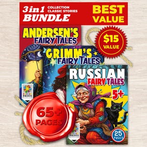 Classic Fairy Tale Bundle, Grimm Andersen Russian Stories, Homeschool Literature Art, Vintage Storybook, Bedtime Activity, 3 in 1 Pack
