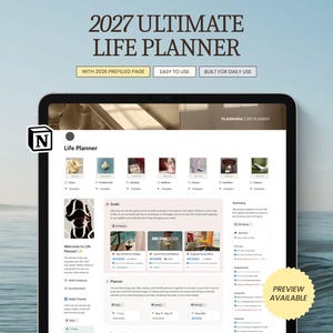 May include: A digital 2027 Ultimate Life Planner template displayed on a tablet screen. The interface includes sections for goals, a planner, tasks, agenda, and habit tracking. Text labels include With 2026 Prefilled Page, Easy To Use, Built For Daily Use, Preview Available, and All-In-One Planner | Fully Integrated | Editable Template.