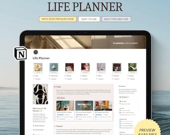 Könnte beinhalten: Eine digitale 2027 Ultimate Life Planner Vorlage auf einem Tablet-Bildschirm. Die Benutzeroberfläche enthält Bereiche für Ziele, einen Planer, Aufgaben, Termine und Gewohnheitsverfolgung. Textbeschriftungen umfassen With 2026 Prefilled Page, Easy To Use, Built For Daily Use, Preview Available und All-In-One Planner | Fully Integrated | Editable Template.