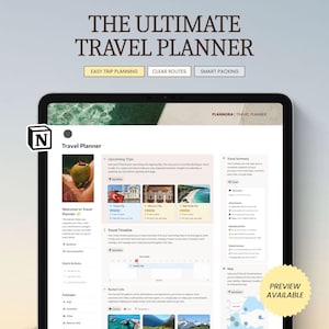 May include: A digital travel planner displayed on a tablet. The screen shows a Notion template with sections for upcoming trips, travel timelines, bucket lists, and a map. Text includes "The Ultimate Travel Planner" and "Preview Available."