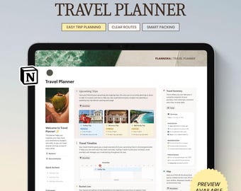 May include: A digital travel planner displayed on a tablet. The screen shows a Notion template with sections for upcoming trips, travel timelines, bucket lists, and a map. Text includes "The Ultimate Travel Planner" and "Preview Available."