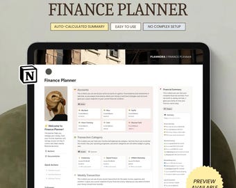 May include: A digital finance planner displayed on a tablet. The screen shows a financial summary, transaction categories, and weekly transactions. The text "THE ULTIMATE FINANCE PLANNER" is at the top, with "AUTO-CALCULATED SUMMARY", "EASY TO USE", and "NO COMPLEX SETUP" below.