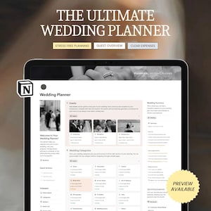 May include: A digital wedding planner displayed on a tablet. The screen shows a detailed planning interface with sections for events, categories, and tasks. The text on the screen reads "THE ULTIMATE WEDDING PLANNER" and "PREVIEW AVAILABLE".