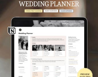 May include: A digital wedding planner displayed on a tablet. The screen shows a detailed planning interface with sections for events, categories, and tasks. The text on the screen reads "THE ULTIMATE WEDDING PLANNER" and "PREVIEW AVAILABLE".