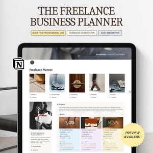May include: A digital tablet displaying The Freelance Business Planner Notion template. The interface features sections for business, client projects, productivity, marketing, and finance, with project cards for hydra, brew, and NOVA, plus a preview available badge.