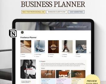 May include: A digital tablet displaying The Freelance Business Planner Notion template. The interface features sections for business, client projects, productivity, marketing, and finance, with project cards for hydra, brew, and NOVA, plus a preview available badge.