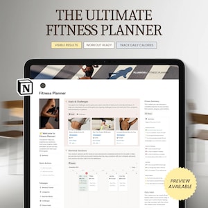 Könnte beinhalten: Ein digitaler Fitnessplaner, der auf einem Tablet angezeigt wird. Der Bildschirm zeigt einen Trainingsplan, einen Essensplaner und einen Zielbereich. Der Text enthält "The Ultimate Fitness Planner", "Visible Results" und "Workout Ready".