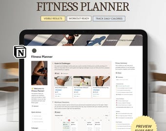 May include: A digital fitness planner displayed on a tablet. The screen shows a workout schedule, meal planner, and goals section. The text includes "The Ultimate Fitness Planner," "Visible Results," and "Workout Ready."