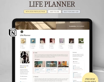 May include: A digital life planner displayed on a tablet. The screen shows a detailed planner interface with sections for goals, tasks, and finance. The title reads "2026 Ultimate Life Planner" with additional text: "With 2026 Prefilled Page", "Easy to Use", and "Built for Daily Use".