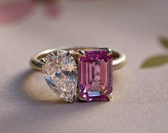 Amethyst Toi Et Moi Ring, Pear Moissanite 14K Gold Art Deco Promise Ring