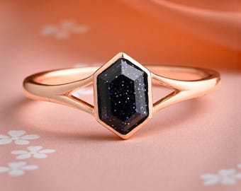 Vintage Blue Sandstone Ring, 14K Rose Gold Hexagon Engagement Ring