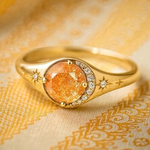 Sunstone Moissanite Engagement Ring, Crescent Moon Star Signet, Solid Gold