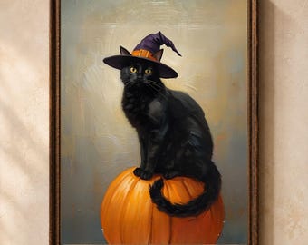 Black Cat Halloween Wall Art, Witch Cat Art, Pumpkin Painting, Vintage Halloween Print, Spooky Gothic Decor, Digital Download