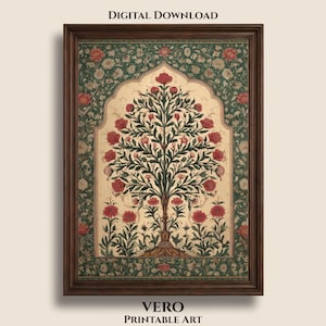 Arte murale con albero floreale Mughal, stampa botanica popolare indiana, arredamento eclettico vintage Pichwai, download digitale