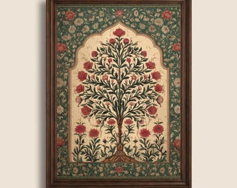 May include: A framed digital download wall art print featuring a central tree with red flowers and green leaves inside an arched cream-colored panel, surrounded by a dark green border with a repeating floral pattern. Text reads DIGITAL DOWNLOAD VERO PRINTABLE ART.
