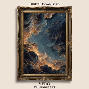 May include: Digital download of a framed artwork featuring a celestial cloudscape. The artwork showcases a dramatic sky with swirling clouds in shades of blue, gold, and dark hues, set within an ornate, gold-trimmed frame. The text "DIGITAL DOWNLOAD" and "VERO PRINTABLE ART" are visible.