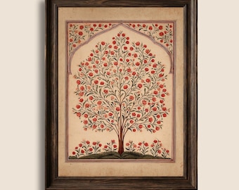 Mughal Tree of Life Wall Art, Antique Indian Botanical Poster, Jharokha Vintage Boho Decor, Digital Download