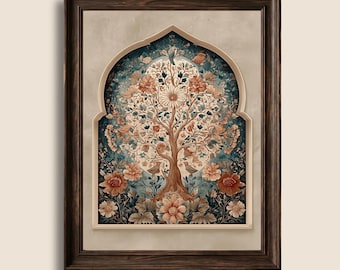 Arte mural indio del Árbol de la Vida, póster floral tradicional bohemio, decoración botánica Jharokha, descarga digital