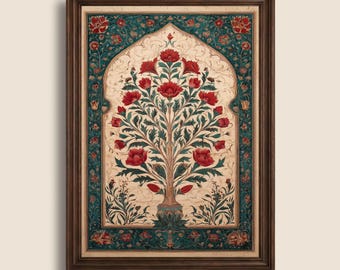 Mughal Floral Wall Art, Indian Tree of Life Poster, Pichwai Antique Botanical Decor, Digital Download