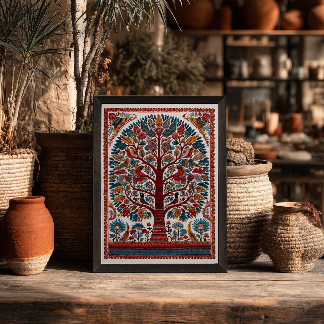 Tree of Life Madhubani Painting, Kalamkari Art Spiritual Poster, Indian ...