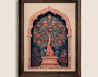Tree of Life Mughal Wall Art, Floral Arch Print, Vintage Botanical Indian Decor, Digital Download