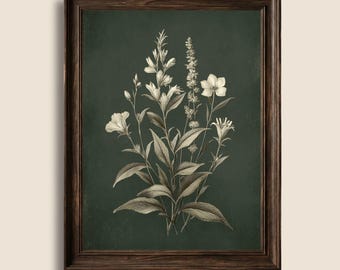 Vintage Botanical Wildflower Print, Dark Academia Herb Wall Art, Rustic Cottagecore Farmhouse Decor, Digital Download