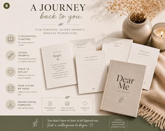 以下が含まれることがあります： Dear Me First Editionというタイトルのベージュのジャーナル。A Journey back to you、Five chapters, guided prompts, endless possibilities、You don't have to have it all figured outなどのテキストとガイド付きプロンプトが表示された複数の開いたページがあります。