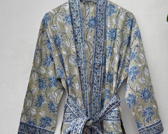 Szlafrok kimono z nadrukiem ręcznym, 100% bawełny, letni szlafrok z kwiatowym wzorem w Dżajpurze, prezent dla druhny