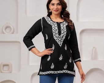 Black Embroidered Cotton Tunic Top - Chikankari Short Kurti for Women, Boho Summer Blouse, Gifts
