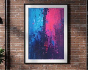 Neon Guitar Art, Modern Music Artwork, Digital Download