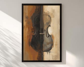 Quadro astratto con violino, decorazione murale a tema strumento musicale, download digitale.