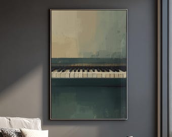 Cuadro minimalista de piano para la pared del salón: decoración musical neutra para imprimir (Anochecer)