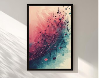 カラフルな音符のウォールアート、モダンな音楽アート作品、デジタルダウンロード