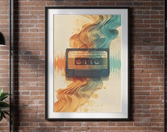 Retro Cassette Wall Art, Vintage Music Artwork, Digital Download