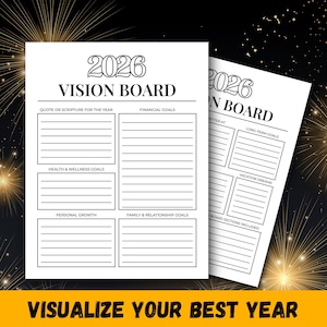 May include: Two white 2026 Vision Board pages with sections for goals. The pages have the text "2026 VISION BOARD" at the top. The bottom of the image has the text "VISUALIZE YOUR BEST YEAR".